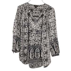 Lucky Brand Black White Paisley Print Boho Peasant Top Women's XS Long Sleeve